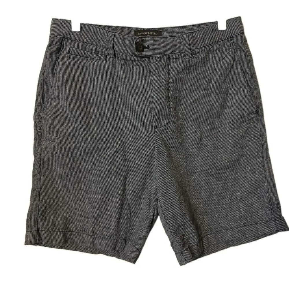 Banana Republic Mens Shorts 30 Linen Cotton Blend Striped Gray Blue Summer Beach
